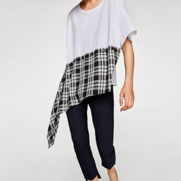 Zara White Asymmetrical Checkered Blouse Size: S - Picture 1 of 5